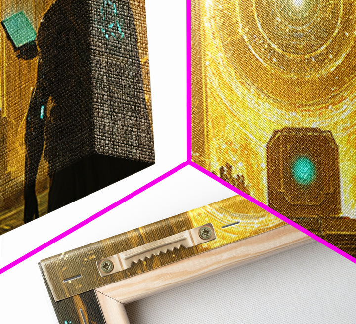 Radiant Cosmic Portal Hall With Astronauts Wall Art, Golden Sci Fi Canvas Print, Futuristic Temple, Celestial Statement Home Decor