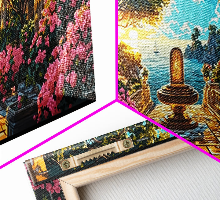 Sunlit Mediterranean Garden Fountain Canvas Print, Coastal Wall Art, Fantasy Landscape Art, Living Room Decor, Housewarming Gift