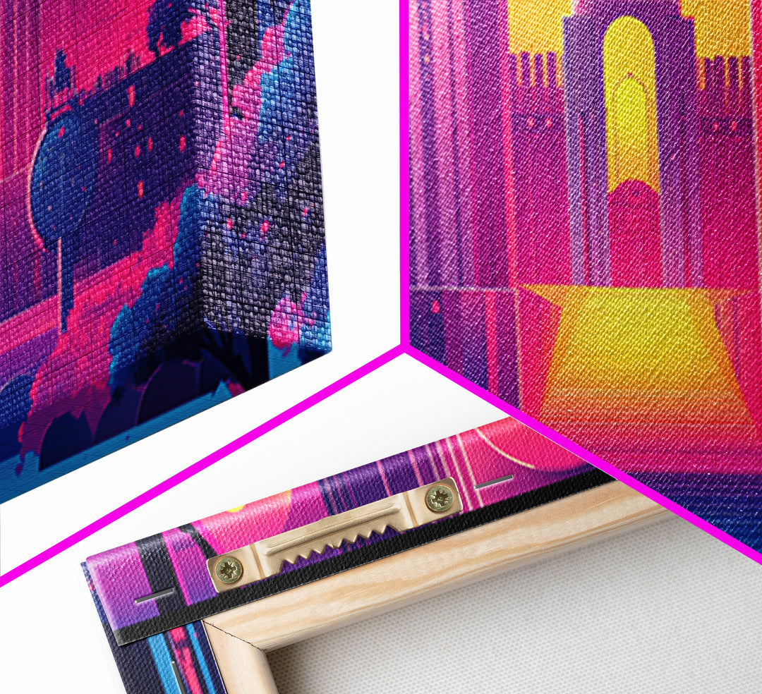 Neon Magenta Palace Guardian Canvas Print, Retro Futuristic Wall Art, Cyberpunk Decor, Gaming Room Art, Modern Gift For Him
