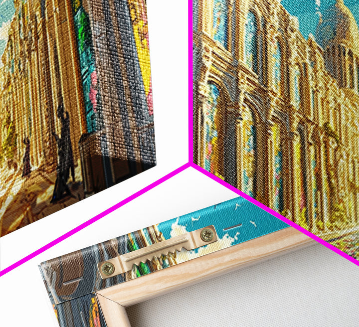 Ornate Sunlit Palace Canal Framed Canvas Print, European Wall Art, Fantasy Architecture Art, Living Room Decor, Large Wall Art