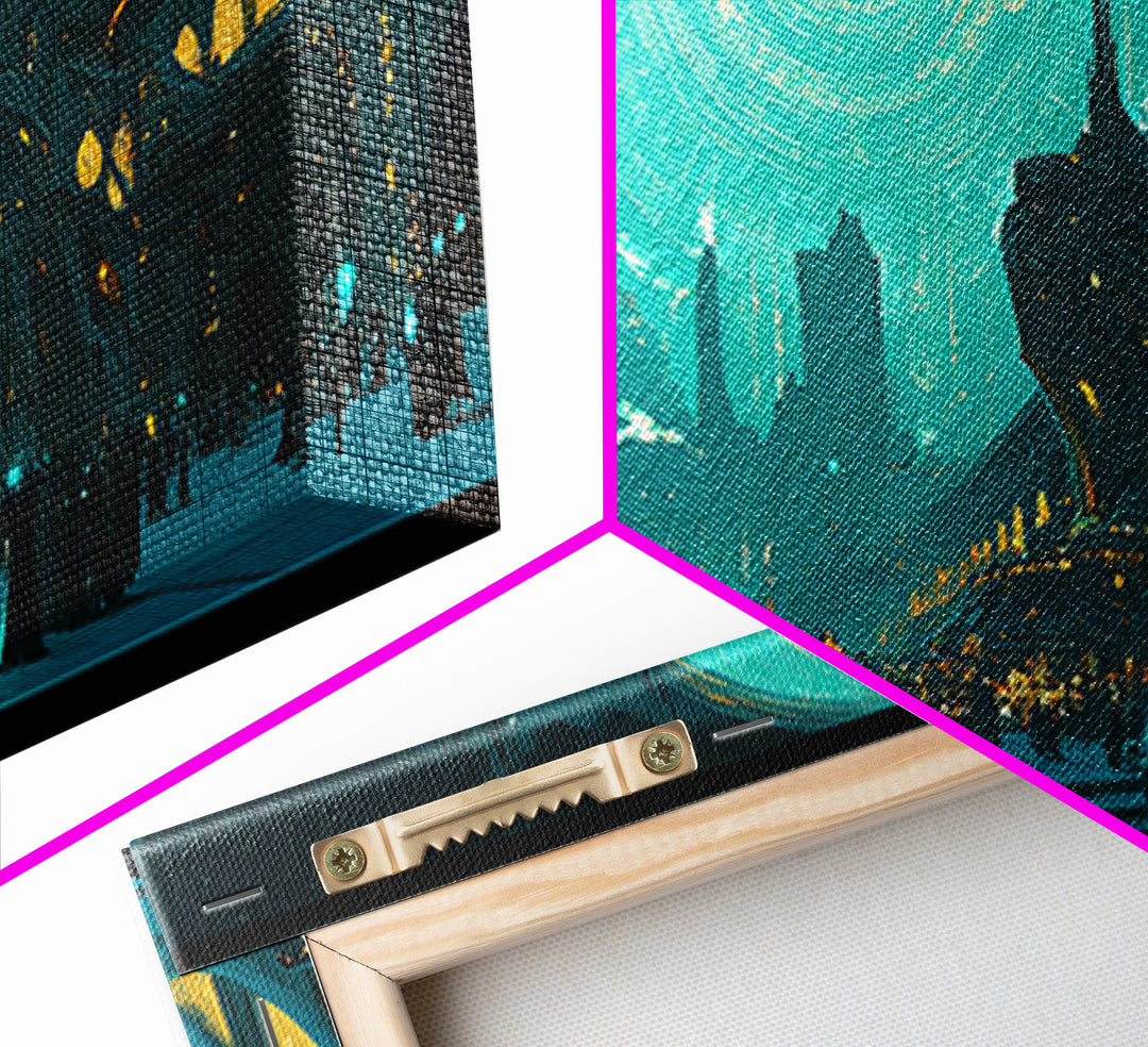 Teal Gothic Moonlit City Canvas Print, Sci Fi Wall Art, Celestial Decor, Futuristic Living Room Decor, Statement Artwork Gift