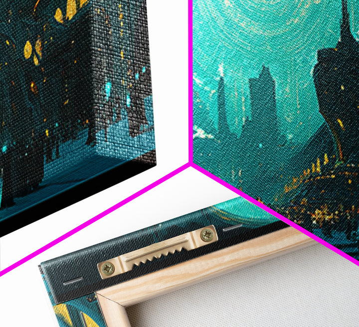 Teal Gothic Moonlit City Canvas Print, Sci Fi Wall Art, Celestial Decor, Futuristic Living Room Decor, Statement Artwork Gift