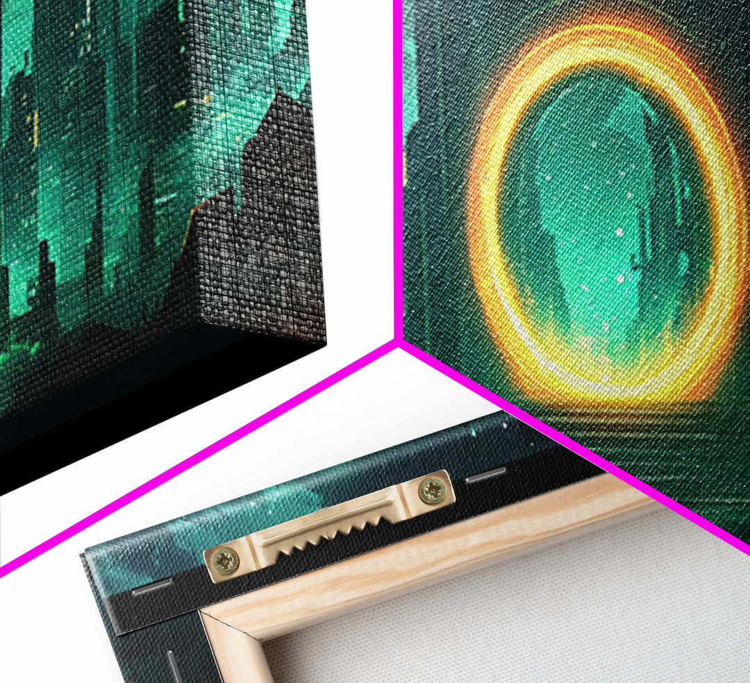 Emerald Futuristic City Ring Portal Canvas Print, Sci Fi Wall Art, Cyberpunk Decor, Modern Office Decor, Statement Gift For Him