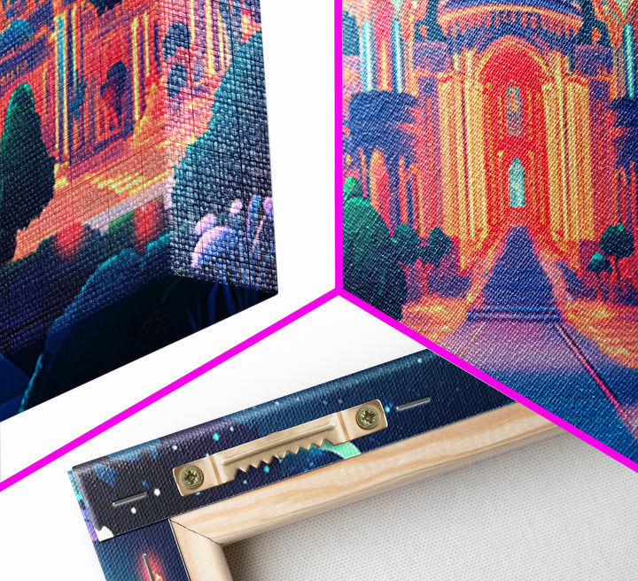 Neon Celestial Palace Under Crescent Moons Wall Art, Fantasy City Canvas Print, Maximalist Decor, Bedroom Wall Decor Gift