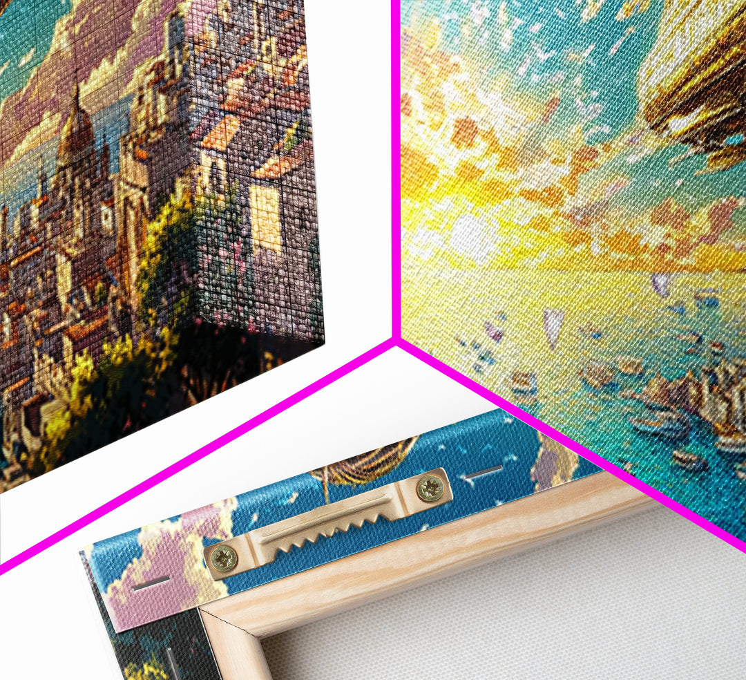 Sunset Harbor City With Golden Airship Wall Art, Mediterranean Canvas Print, Travel Poster, Coastal Living Room Decor Gift