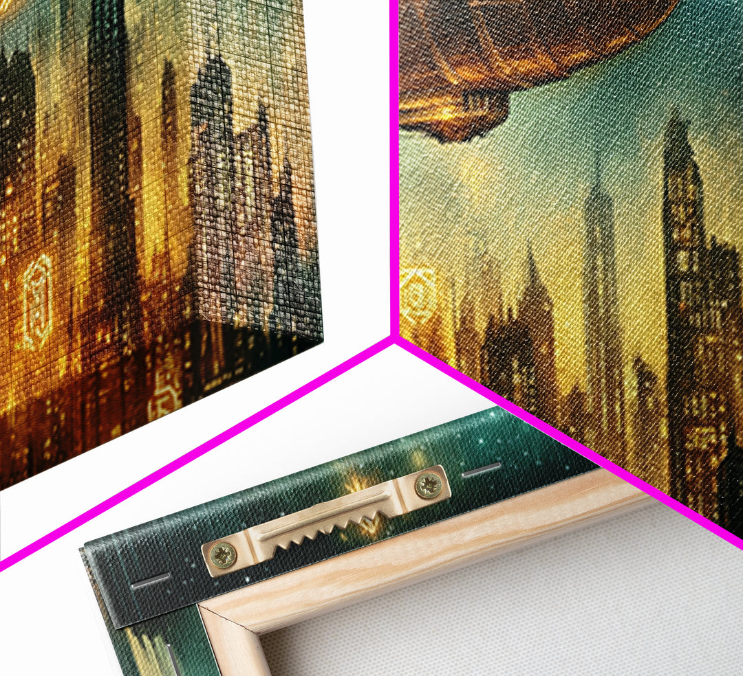 Golden Retro Airship Above Futuristic City Wall Art, Sci Fi Canvas Print, Cyberpunk Decor, Modern Office Wall Art Gift For Him