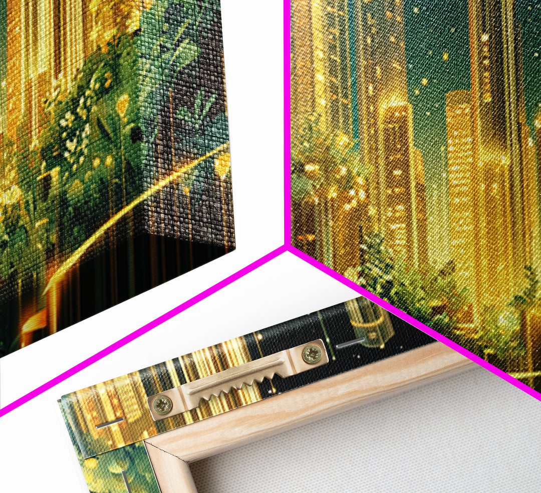Luminous Garden Skyline In Golden Futuristic City Wall Art, Modern Canvas Print, Green Wall Decor, Home Office Decor Gift