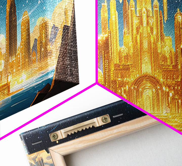 Radiant Golden Sci Fi Citadel Beneath Moonlit Sky Wall Art, Futuristic Canvas Print, Space Decor, Statement Wall Art Gift