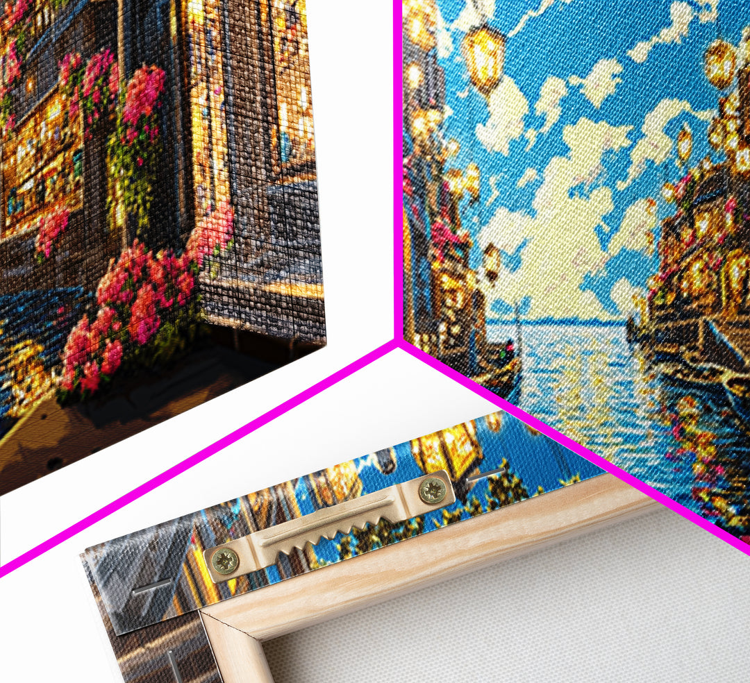 Flower Lined Canal Street With Lanterns Wall Art, Mediterranean Canvas Print, Coastal City Decor, Living Room Wall Art Gift