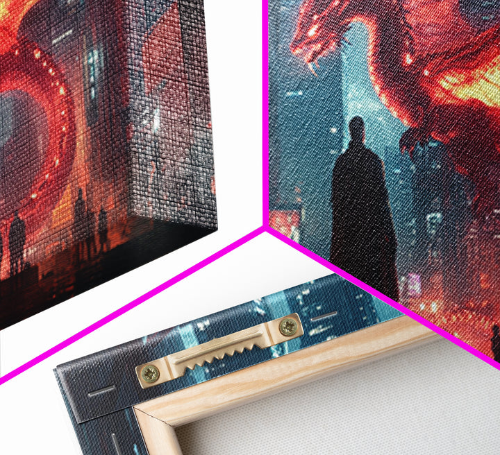Neon Cyberpunk Dragon City Wall Art, Futuristic Sci Fi Fantasy Poster, Gaming Room Decor, Dystopian Urban Canvas Print Gift