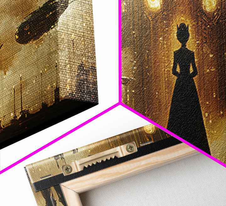 Elegant Woman And Golden Airships Wall Art, Steampunk Fantasy Framed Canvas Print, Dark Academia Decor, Sci Fi Gift For Him