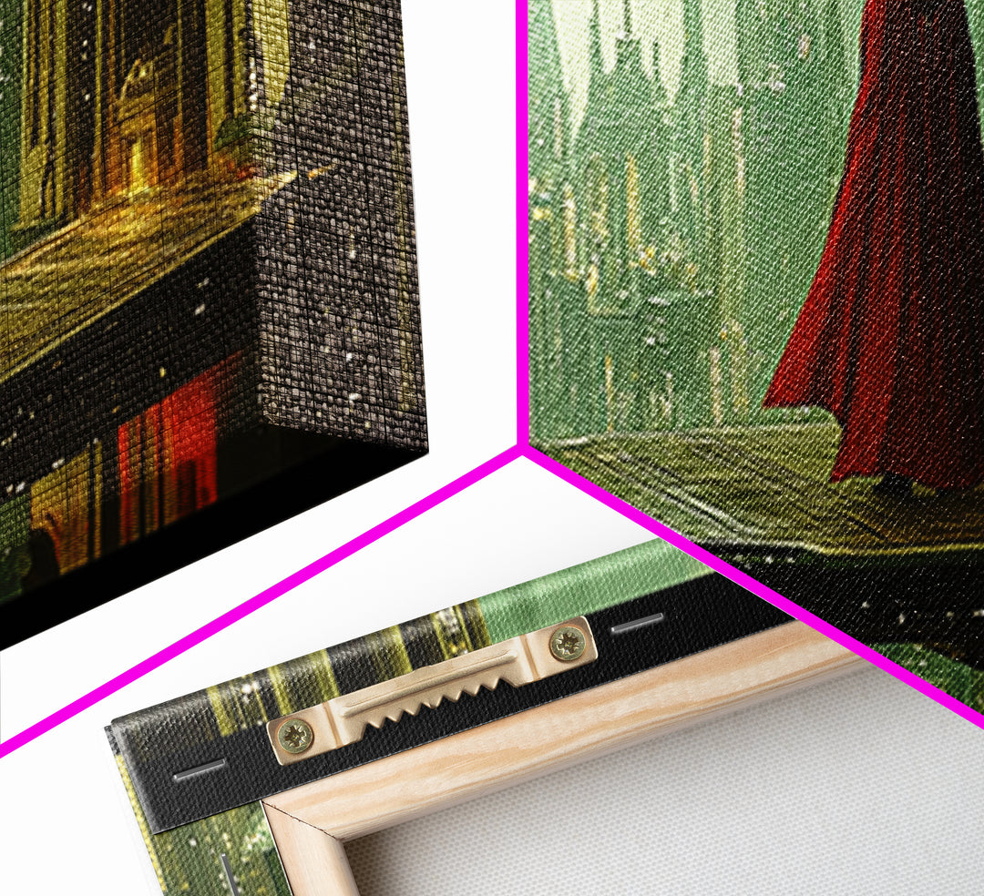 Red Cloaked Figure Above Futuristic City Wall Art, Sci Fi Fantasy Canvas Print, Dystopian Skyline, Modern Office Decor Gift