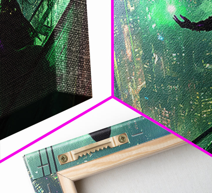 Neon Sorceress Over Cyberpunk Skyline Canvas Print, Futuristic Wall Art, Sci Fi Fantasy Decor, Unique Gaming Room Gift For Her