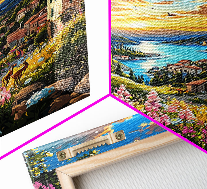 Sunset Lake Como Village With Wildflowers Canvas Print, Italian Landscape Wall Art, Mediterranean Travel Home Decor Gift For Her