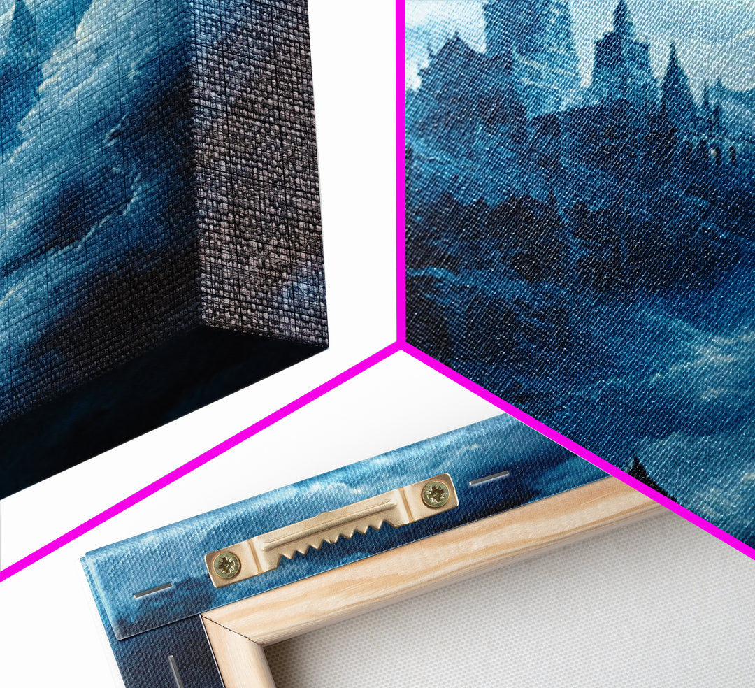Blue Gothic Castle In Storm Clouds Framed Canvas Print, Dark Fantasy Wall Art, Moody Castle Poster For Bedroom Decor Gift