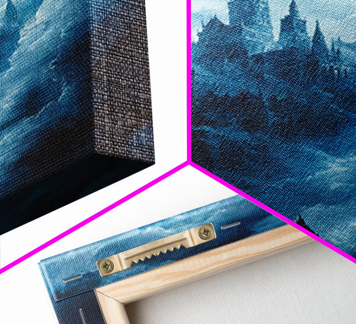 Blue Gothic Castle In Storm Clouds Framed Canvas Print, Dark Fantasy Wall Art, Moody Castle Poster For Bedroom Decor Gift