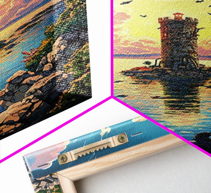 Sunset Lighthouse On Calm Sea With Raven Wall Art, Coastal Fantasy Canvas Print, Ocean Landscape Poster Home Decor Gift For Her