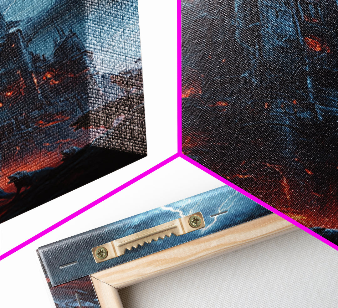 Fiery Gothic Fortress With Lightning And Wolves Wall Art, Dark Fantasy Framed Canvas Print, Horror Castle Decor Gift For Him
