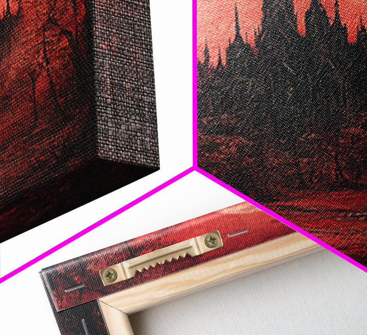 Red Moon Gothic Castle In Dark Forest Wall Art, Romantic Gothic Framed Canvas Print, Moody Halloween Bedroom Decor Gift For Her