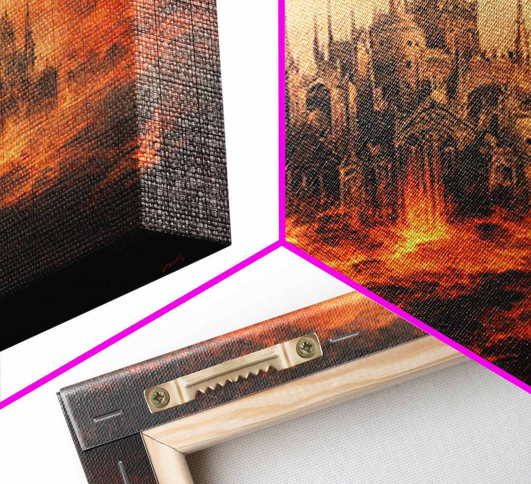 Fiery Gothic Cathedral In Storm Clouds, Dark Fantasy Canvas Print, Moody Wall Art, Gothic Dark Academia Home Decor Gift For Him