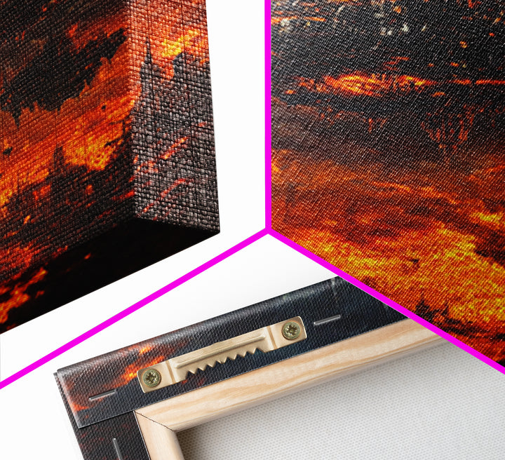 Fiery Dystopian Floating City Framed Canvas Print, Cyberpunk Wall Art, Dark Sci Fi Decor, Apocalyptic Fantasy Art, Poster