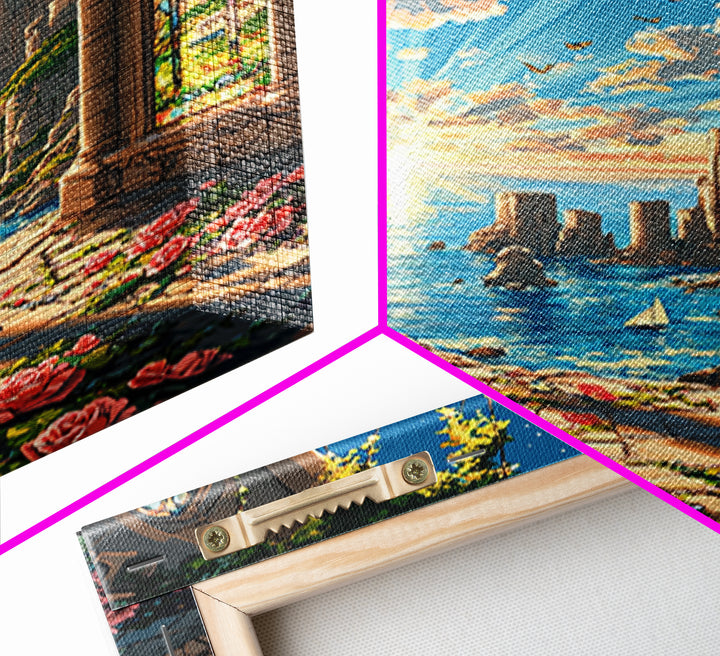 Sunlit Stained Glass Arch Ocean Ruins Framed Canvas Print, Coastal Wall Art, Rose Garden Decor, Fantasy Seascape Art Gift