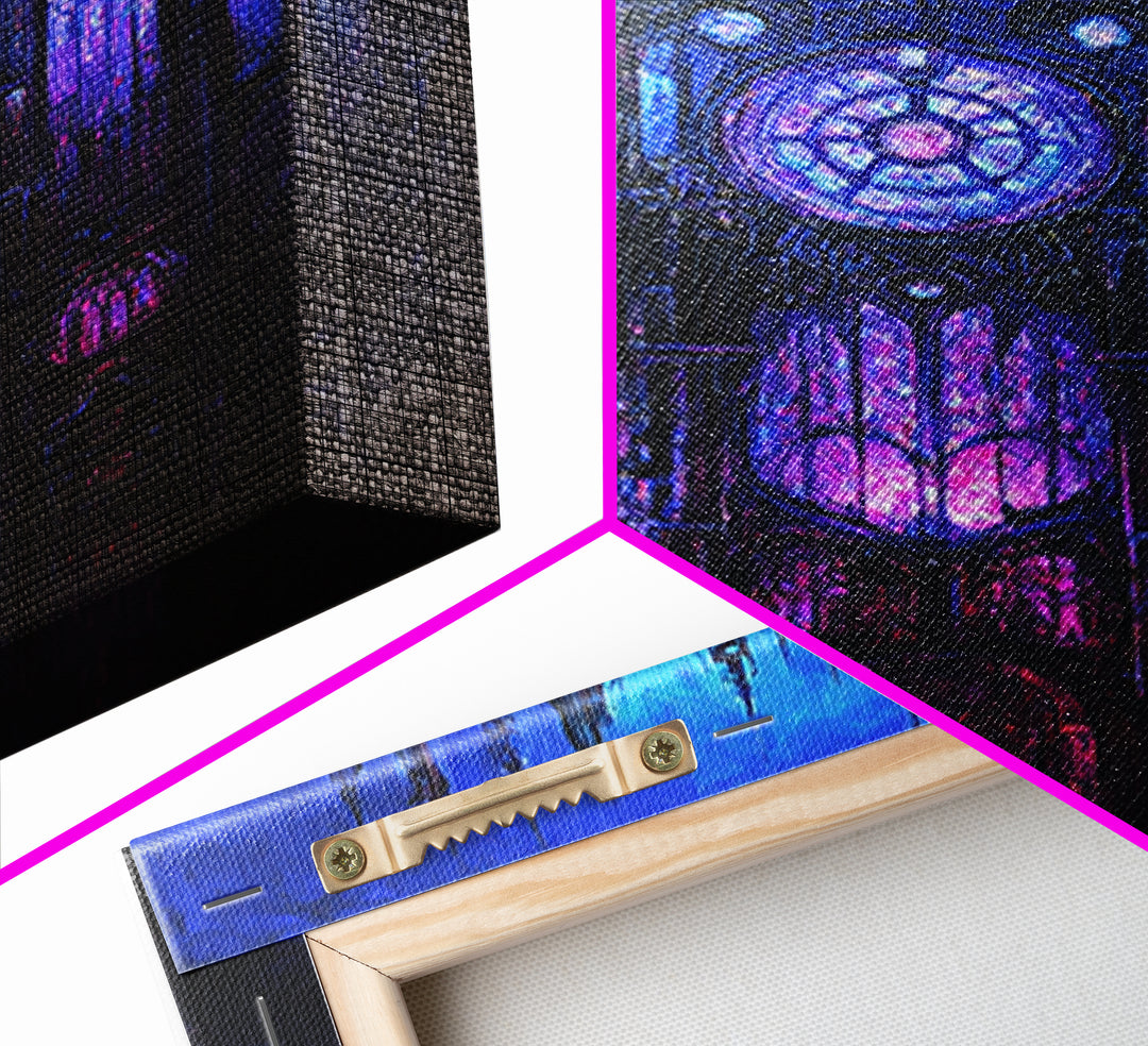 Blue Gothic Clockwork Cathedral Canvas Print, Dark Academia Wall Art, Purple Stained Glass Decor, Moody Fantasy Art Poster