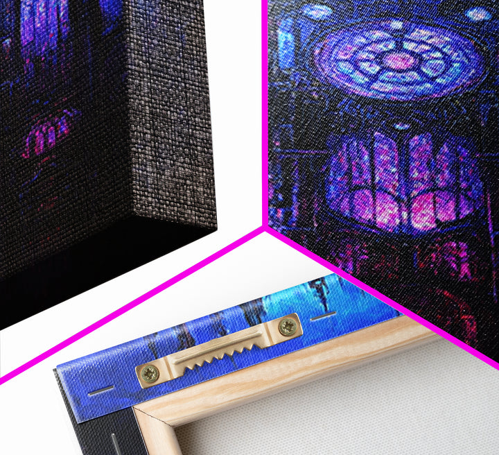Blue Gothic Clockwork Cathedral Canvas Print, Dark Academia Wall Art, Purple Stained Glass Decor, Moody Fantasy Art Poster