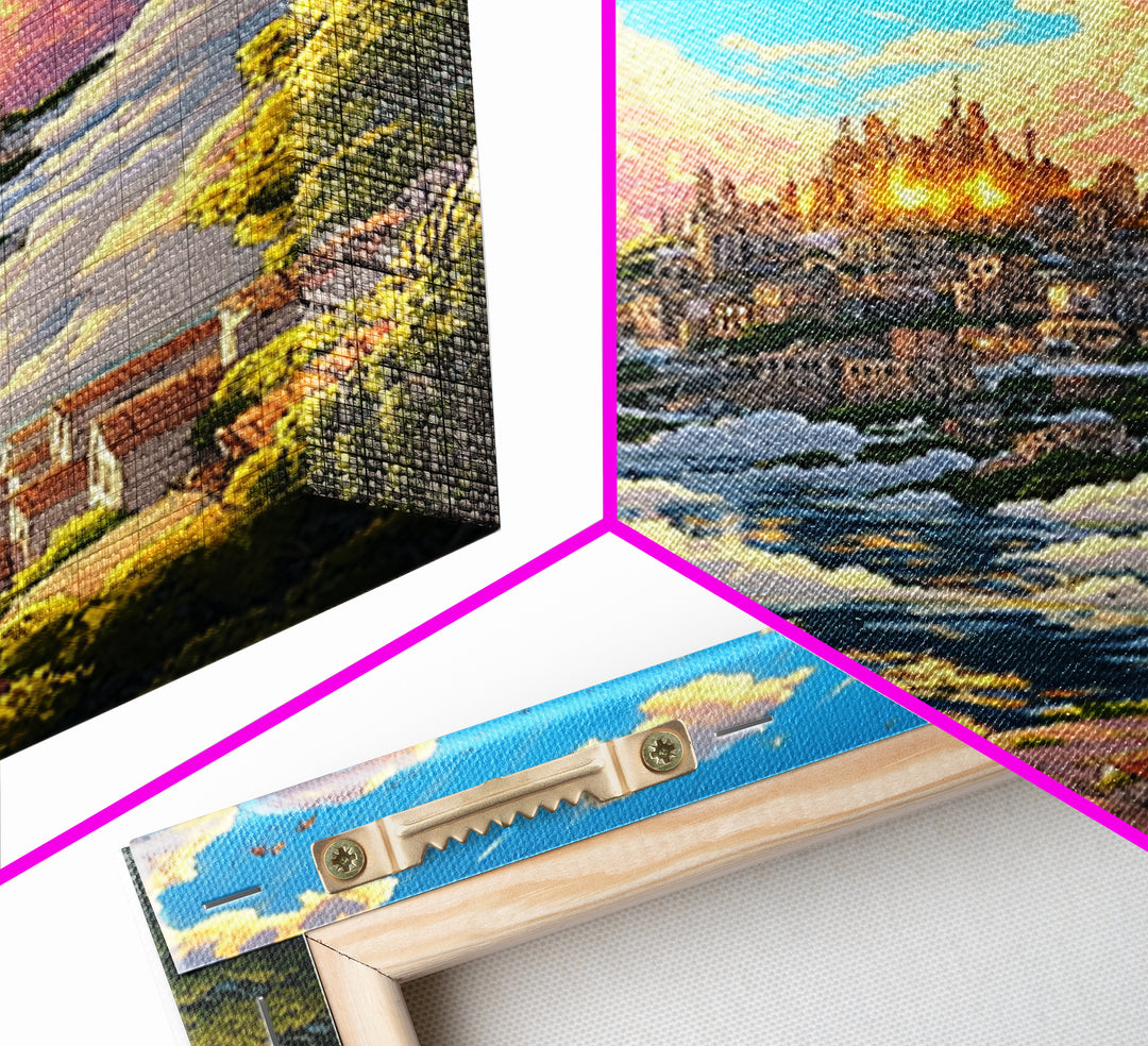 Heavenly Cloud City Above Coastal Village Canvas Print, Fantasy Wall Art, Colorful Landscape Decor, Dreamy Sunlit Poster