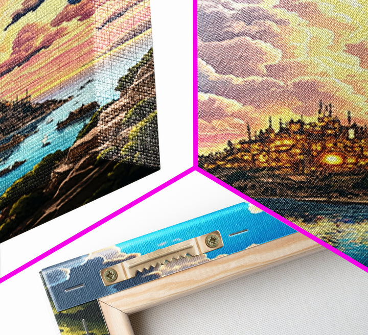 Golden Island Castle At Sunset Canvas Print, Fantasy Seascape Wall Decor, Coastal Landscape Art For Living Room Decor Gift