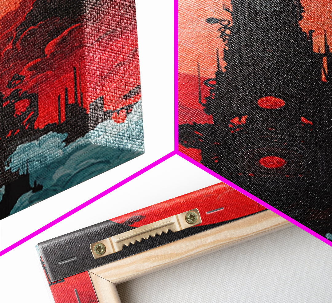 Red Moon Futuristic Tower Wall Art, Dark Sci Fi Cityscape Poster, Cyberpunk Gothic Decor For Gaming Room And Office Decor