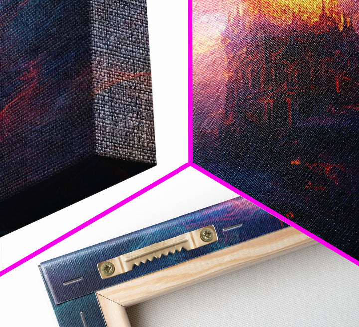 Fiery Gothic Tower Framed Canvas Print, Dark Fantasy Abstract Art, Moody Surreal Wall Decor For Office And Living Room Art