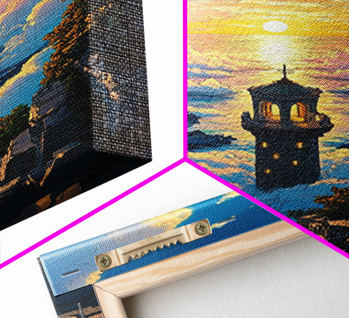 Sunset Sea Tower Canvas Print, Dreamy Cloud Ocean Landscape Wall Art, Coastal Fantasy Decor For Bedroom And Living Room Gift