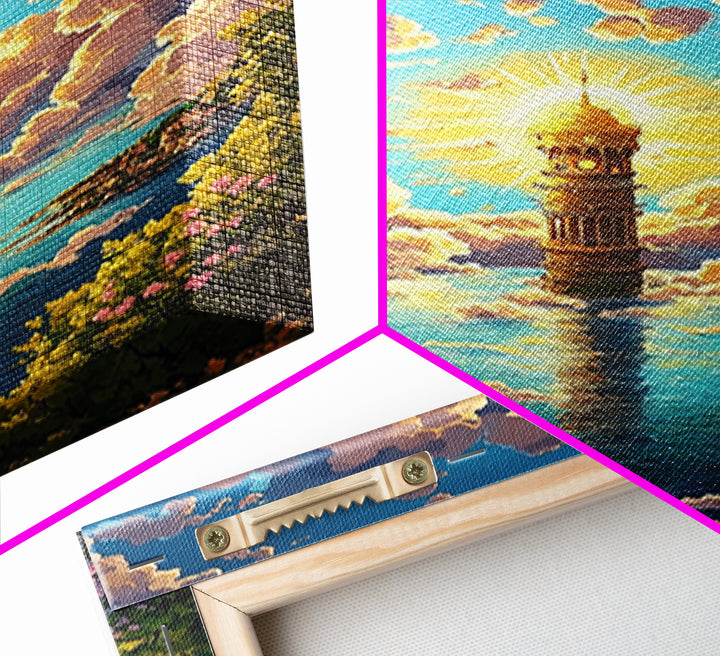 Sunlit Sea Tower And Golden Clouds Framed Canvas Print, Coastal Fantasy Wall Art, Ocean Landscape, Living Room Decor, Home Decor
