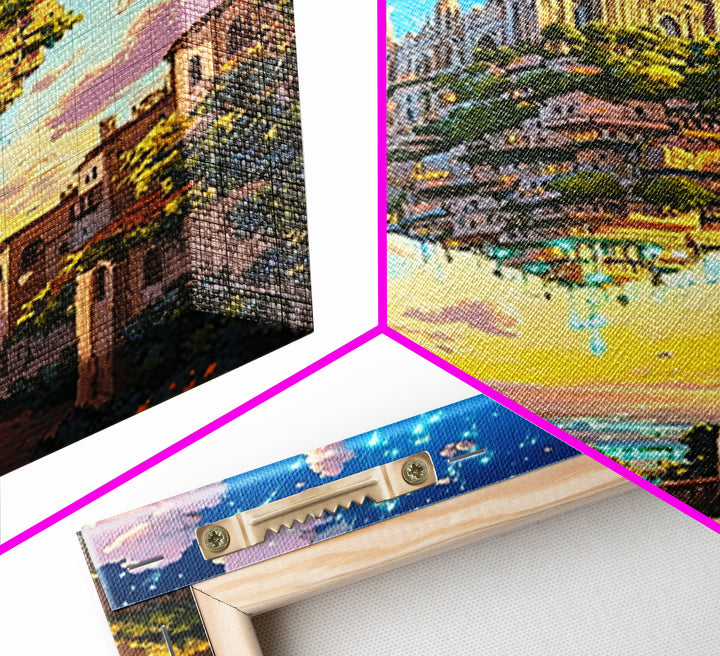 Floating Castle City Over Seaside Village Wall Art, Colorful Fantasy Canvas Print, Whimsical Coastal Living Room Decor Print