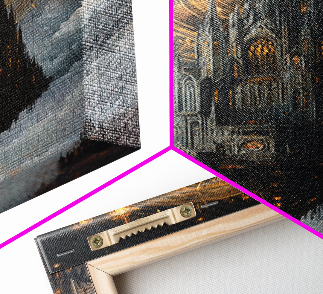 Floating Gothic Cathedral With Celestial Clock Framed Canvas Print, Dark Academia Wall Art, Steampunk Fantasy Office Decor