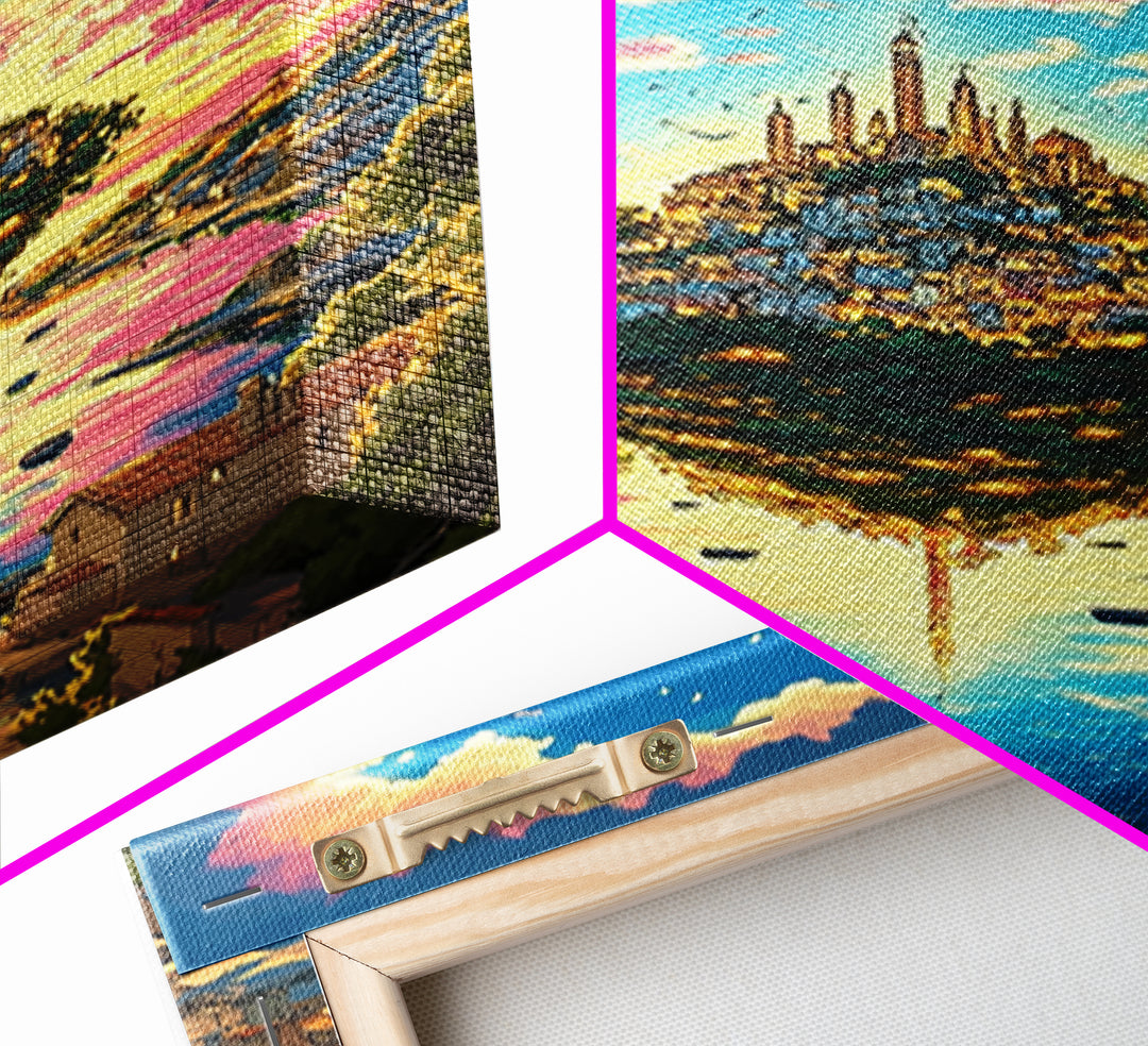 Floating Island City At Pink Sunset Wall Art, Vibrant Fantasy Landscape Canvas Print, Coastal Village, Colorful Home Decor