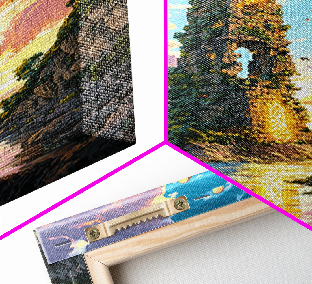 Sunlit Ruined Tower With Golden Portal Canvas Print, Fantasy River Landscape Art, Vibrant Coastal Wall Decor, Magical Home Decor