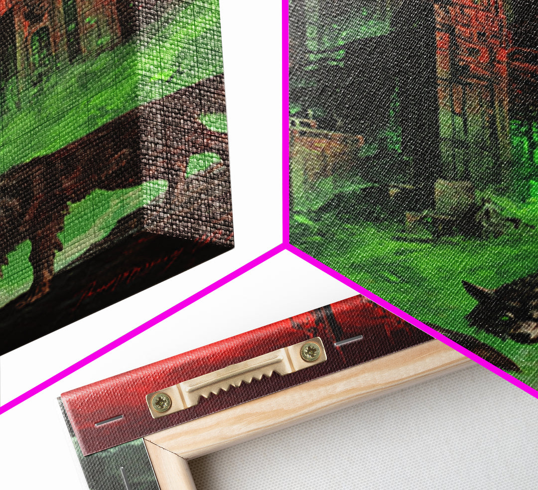 Red Moon Gothic Citadel With Wolves Wall Art, Dark Fantasy Castle Print, Black And Red Wall Decor, Moody Gothic Home Decor