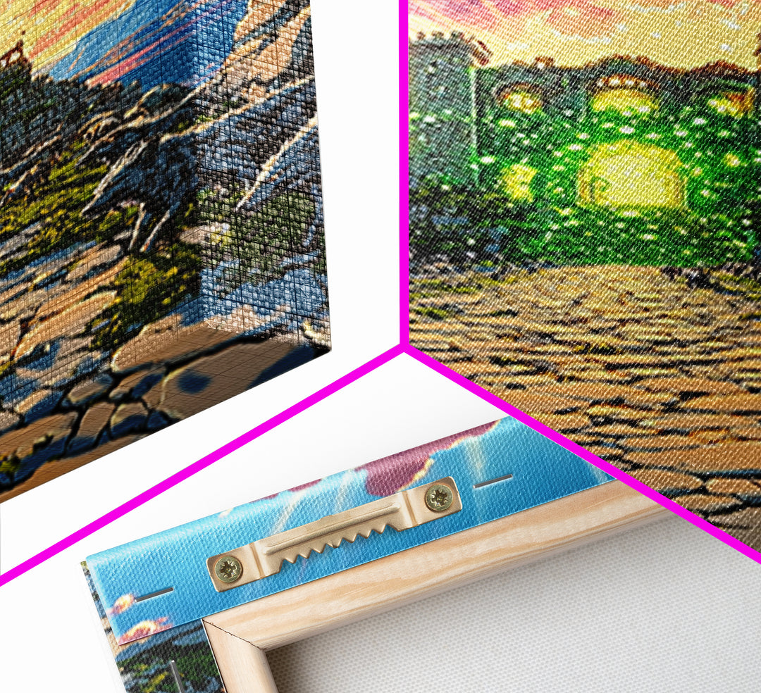 Glowing Green Ruined Castle Path Framed Canvas Print, Fantasy Landscape Wall Art, Colorful Mountain Decor, Whimsical Wolf Art