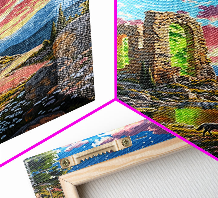 Sunset Stone Ruins With Green Portal Canvas Print, Fantasy Mountain Landscape Wall Art, Vibrant Nature Decor, Whimsical Goat Art