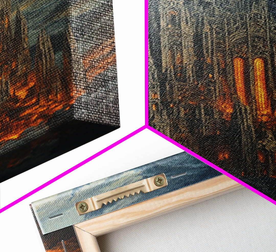 Fiery Gothic Cathedral In Storm Clouds Framed Canvas Print, Dark Fantasy Wall Art, Moody Medieval Decor For Dramatic Rooms