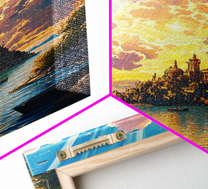 Golden Island Cathedral With Boats Canvas Print, Coastal Fantasy Wall Art, Sunset Seascape Decor For Serene Living Room Art