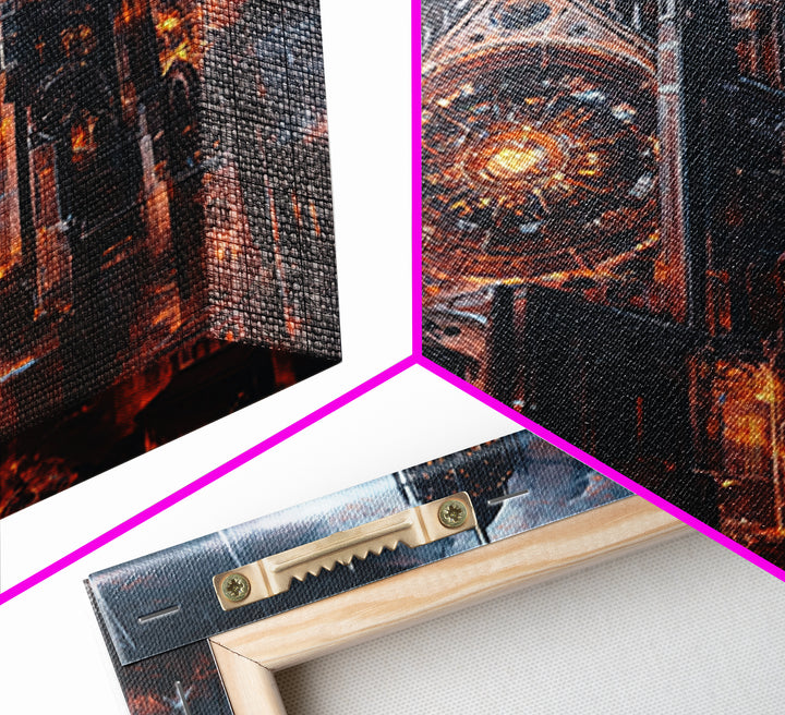 Stormy Gothic Cathedral With Lightning Framed Canvas Print, Dark Fantasy Wall Art, Dramatic Medieval Decor For Masculine Office
