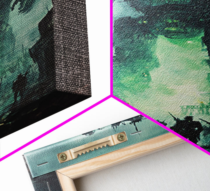 Green Glow Giant Robot Wall Art, Dark Sci Fi Dystopian City Canvas, Futuristic Mech Print, Gaming Room Decor Gift For Him