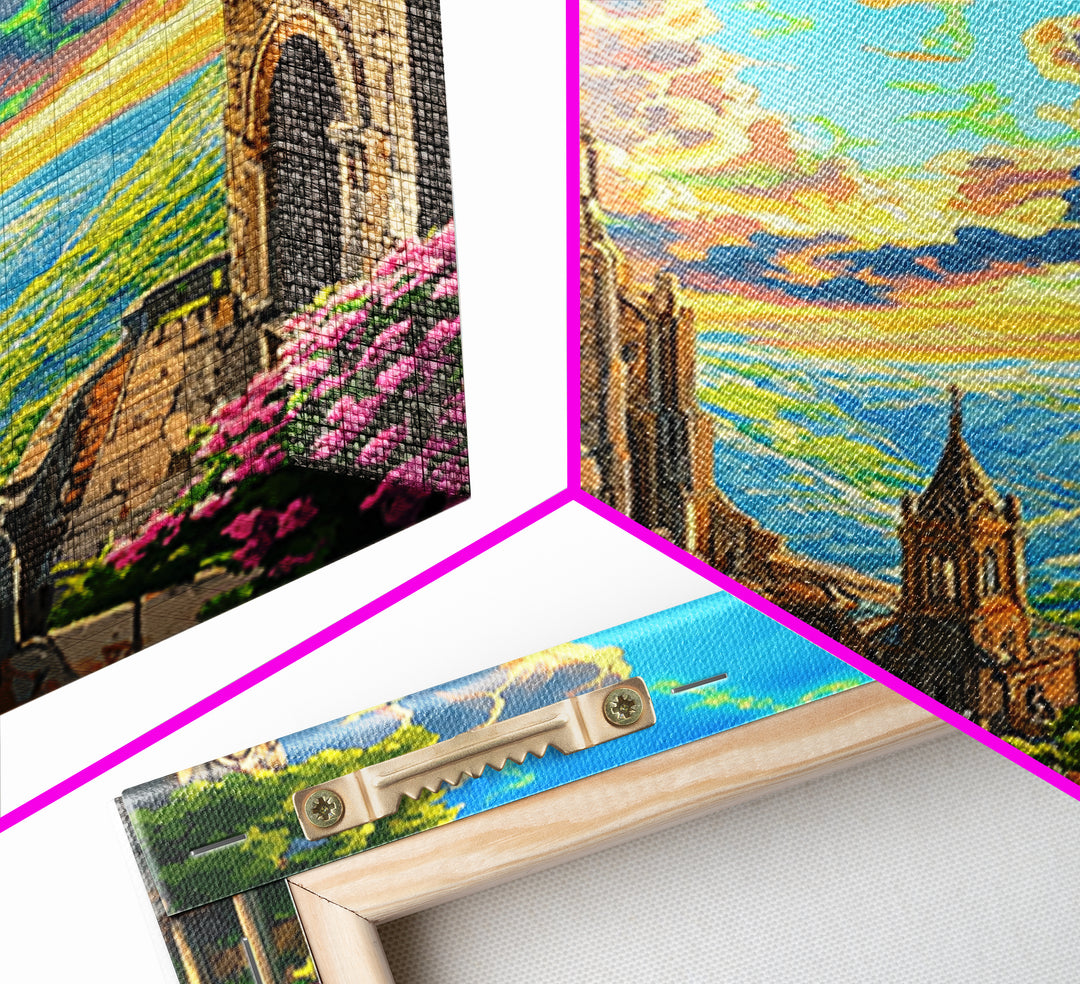 Sunlit Fantasy Cathedral Wall Art, Mountain Valley Castle Print, Floral Stone Balcony Landscape, Whimsical Home Decor Gift