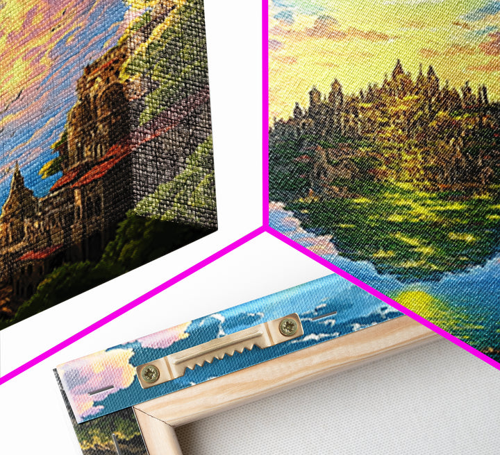 Floating Island Castle At Golden Sunset Canvas Print, Fantasy Wall Decor, Coastal Landscape Art, Large Living Room Decor