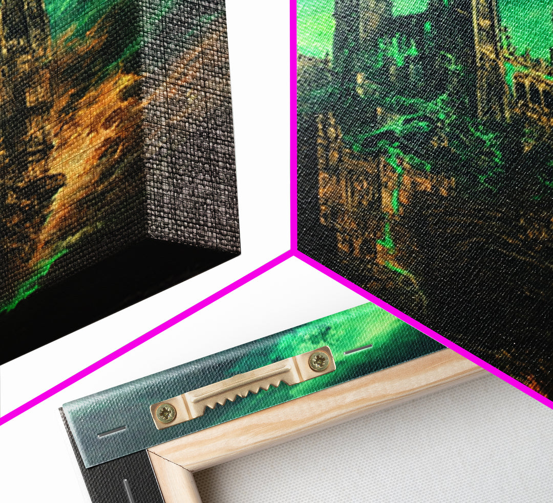 Emerald Gothic Cathedral In Storm Clouds Framed Canvas Print, Dark Fantasy Art, Moody Wall Decor, Dramatic Office Decor
