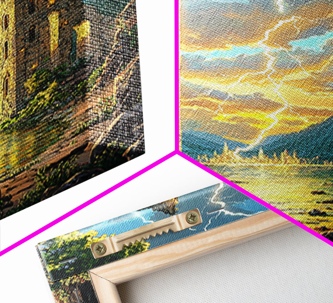 Ancient Ruined Towers With Lightning At Lake Canvas Print, Fantasy Landscape Wall Art, Mountain Decor, Dramatic Home Decor