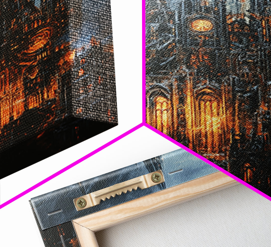Stormy Gothic Cathedral With Orange Glow Framed Canvas Print, Dark Academia Wall Art, Moody Office Decor, Fantasy Art, Gift